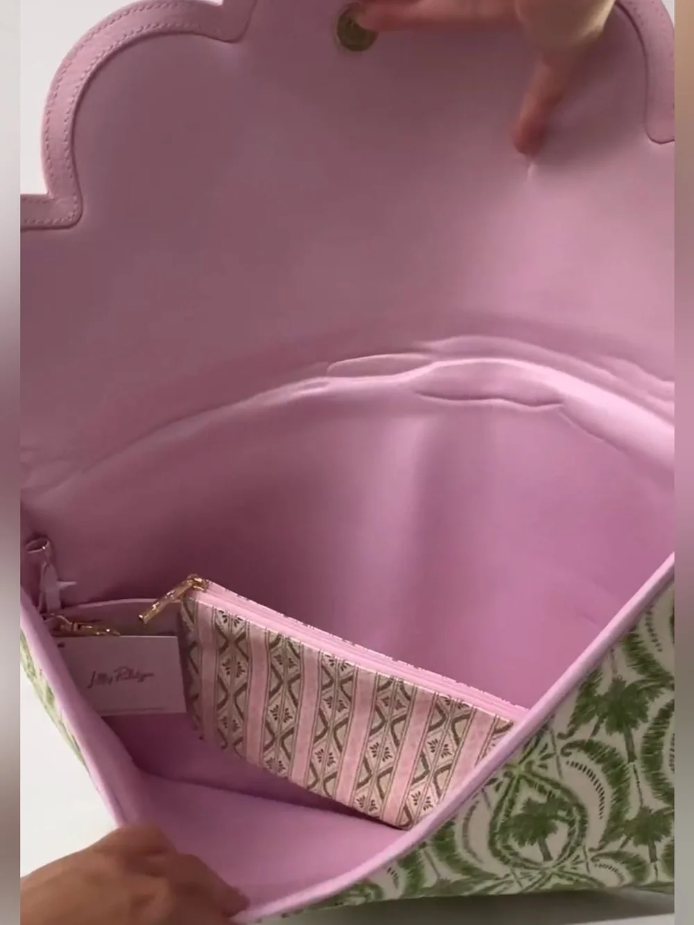 New Lilly Pulitzer Green Palm Print Scalloped Laptop Sleeve & Pouch Bag & Pink